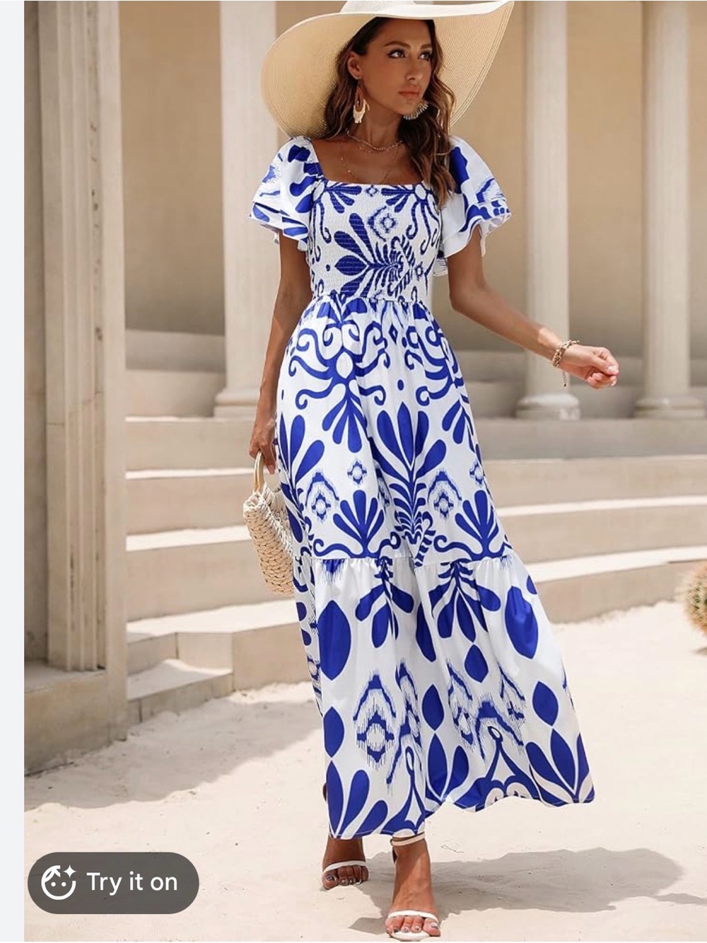 Blue & White Floral Smocked Maxi Dress with Flutter Sleeves